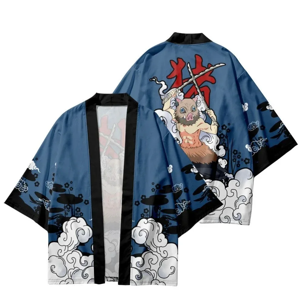 Yaz Kadın Erkek Hırka Plaj Yukata Karikatür Domuzu Samuray Baskı japon kimono Cosplay Haori Geleneksel Giyim