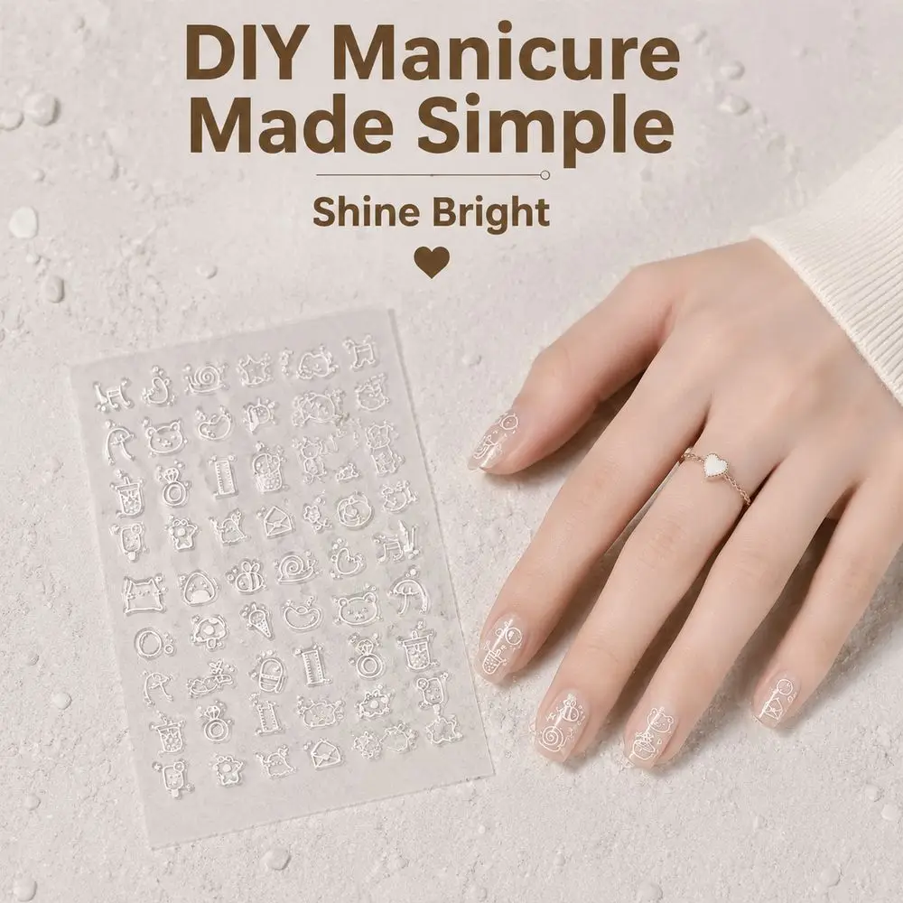 1Pc Simple Sketch Embossed Nail Stickers Black White Cartoon Animal Snail Flower Pattern Sliders For Creative Manicure Decor