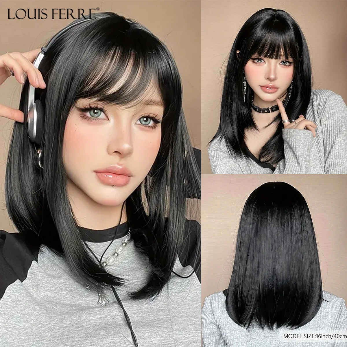 LOUIS FERRE Short Black Synthetic Wigs for Women Natural Black Straight Wigs With Bangs Daily Party Heat Resistant Fake Hair