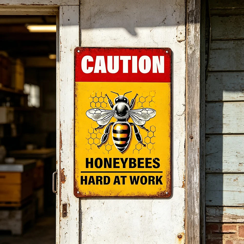 Caution Honeybees Hard At Work Metal Sign,Honey Bee Wall Art Iron Poster Painting Signs for Home Cafe Bar Farm Garden Po