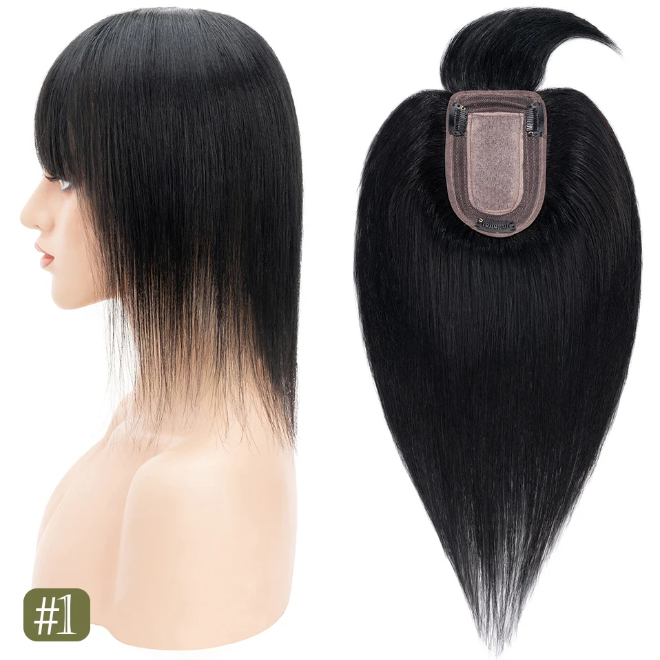 TESS Damen-Topper, 7 x 12,5 cm, Haaraufsätze mit Pony, Naturhaar-Perücke, Echthaar, Seidenbasis, Mittelteil, Haarspange in der Haarverlängerung – Detail 7