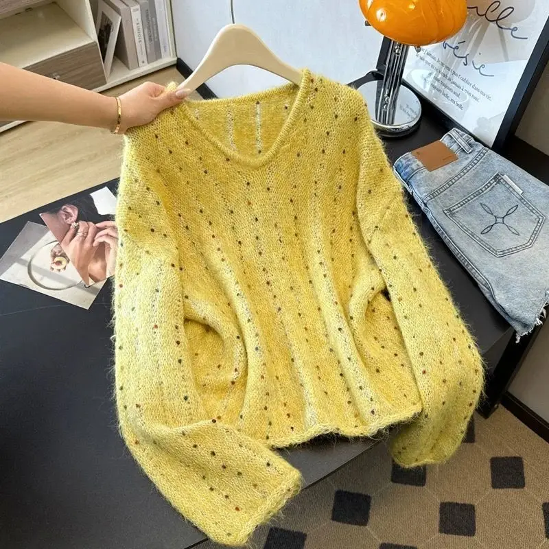 سترة صوف على الطراز الكوري للخريف والشتاء سترة صوف بأكمام طويلة متعددة الاستخدامات فضفاضة وعصرية مجوفة