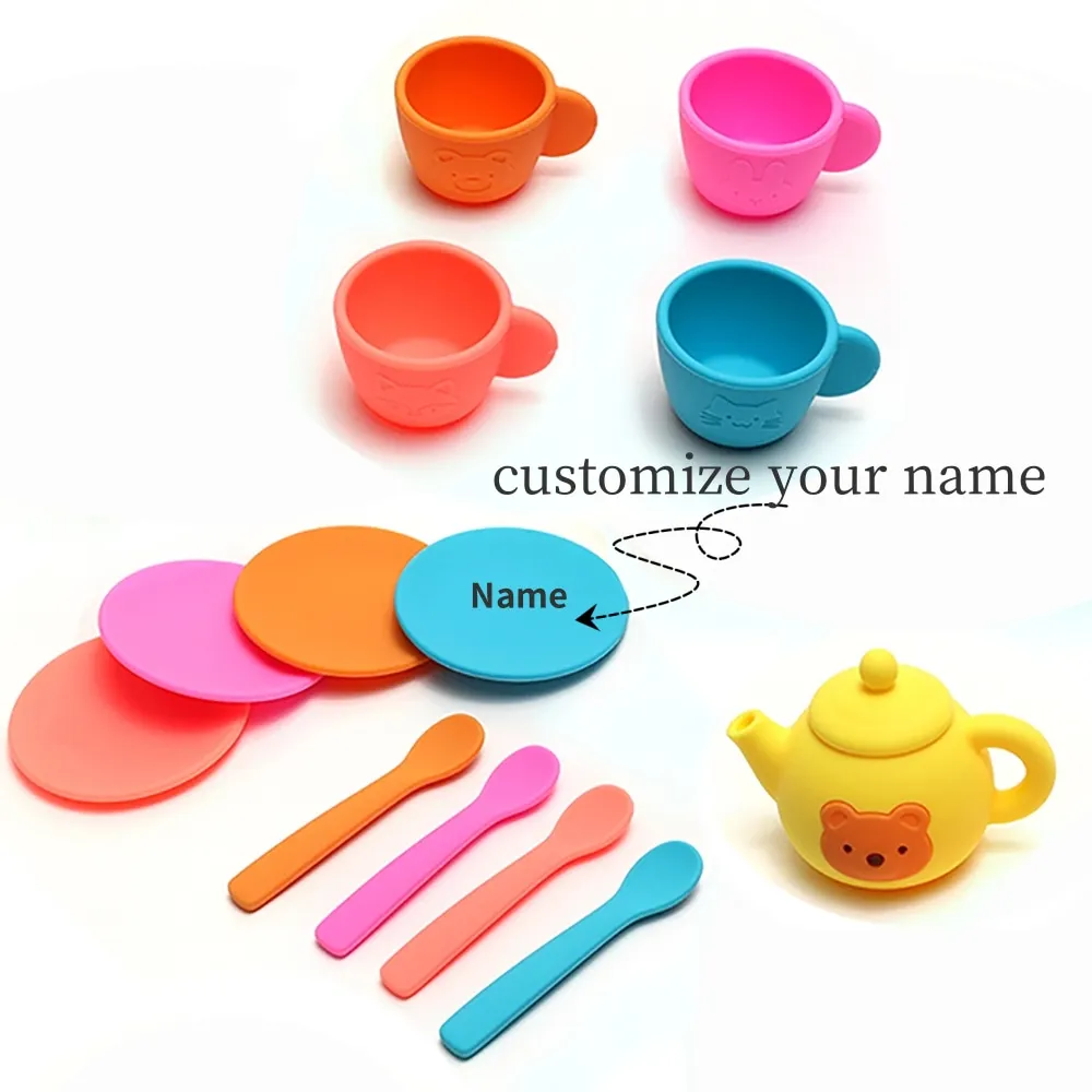 Customize Name Silicone Kids Tea Set Play House Bear Teapot Cups Saucers Spoons Toy Toddler BPA Free