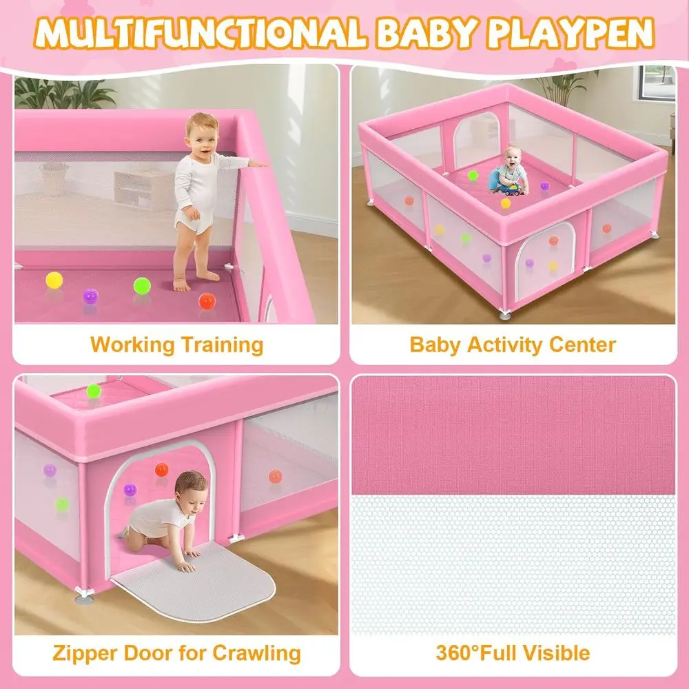 روضة أطفال شبكية قابلة للتنفس باللون الوردي مع حصيرة، ساحة لعب كبيرة آمنة للرضع والأطفال الصغار، تتضمن مقبضين وحقيبة حمل #5