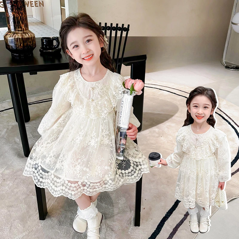 Childrens Dress Spring and Autumn New Korean Girls Lotus Leaf Edge Lace Fashionable Casual Princess Dress Kids Clothes