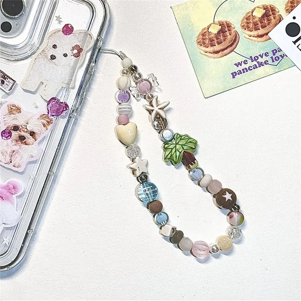 Beach Starfish Coconut Phone Chain Acrylic Beaded Phone Charm Beaded Phone Strap Handmade Anti-Lost Smartphone Lanyard