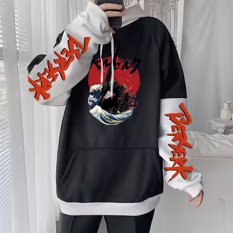 Men's Berserk Guts Hot Anime Hoodies Hip Hop Vintage Black Knight Manga Loose Oversized Women Long Sleeve Drawstring Sweatshirts