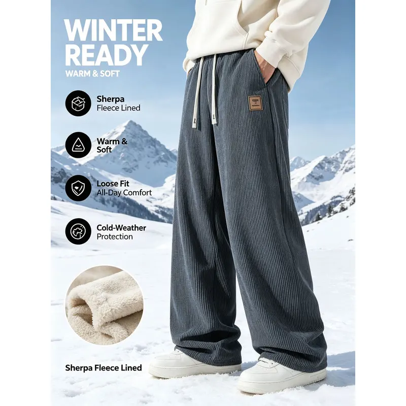 Men's Winter Sports Pants Corduroy Men's Straight Sweatpants Thickened And Warm Clothes Man Padded Cold Weather Thermal Trousers