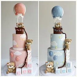 Cartoon Cake Topper Pink Blue Bear Baby Doll Boy Girl Happy 1st Birthday Cake Decoration Gender Reveal Baby Shower Car Ornaments