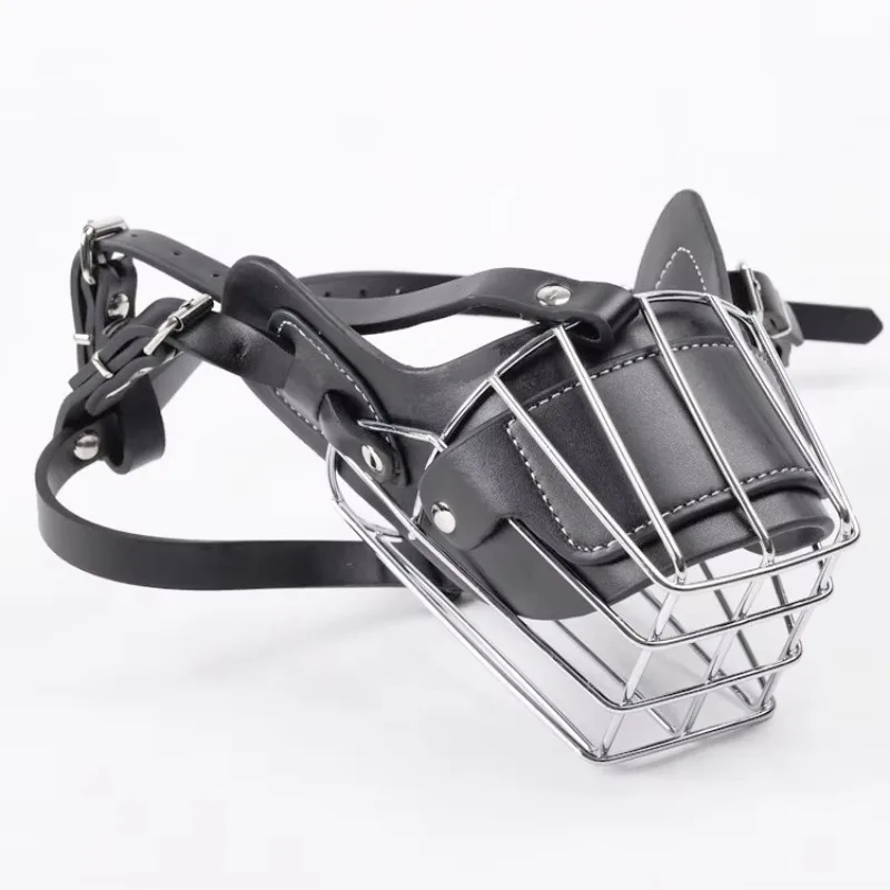 

Hot Selling Pet Supplies Brown Black Leather Metal Anti Bite Chewing Stopper for Medium Large Dogs Secure Durable