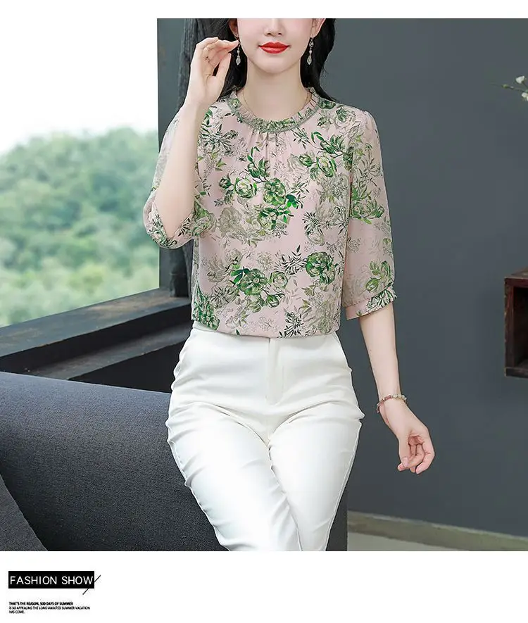 เสื้อชีฟองลายดอกไม้ฤดูร้อนของผู้หญิงแฟชั่นใหม่หรูหราแม่สไตล์แขน 3/4 ด้านบน