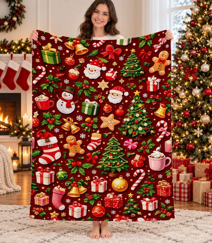 Christmas Red Throw Blanket with Santa Snowman Gingerbread Man Xmas Ornament Pattern Super Soft Warm Sofa Bed Gift Blanket