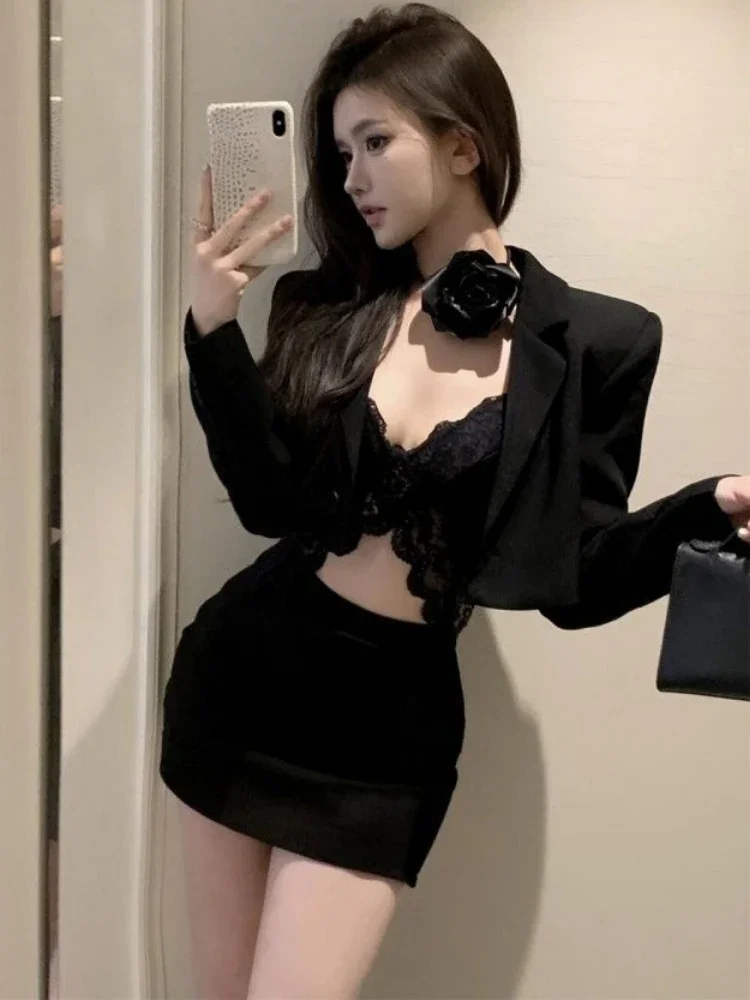 

Skirt Sets Women Clothing 3 Piece Set Long Sleeve Crop Coat + High Waist Mini Skirts + Sexy Lace Irregular Vest Fashion Outfits