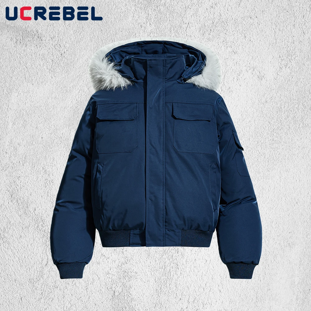 سترة مبطنة متعددة الجيوب للرجال بلون سادة للشتاء سميكة ملابس الشارع الشهير بياقة من الفرو سترة مبطنة قابلة للفصل للرجال #1