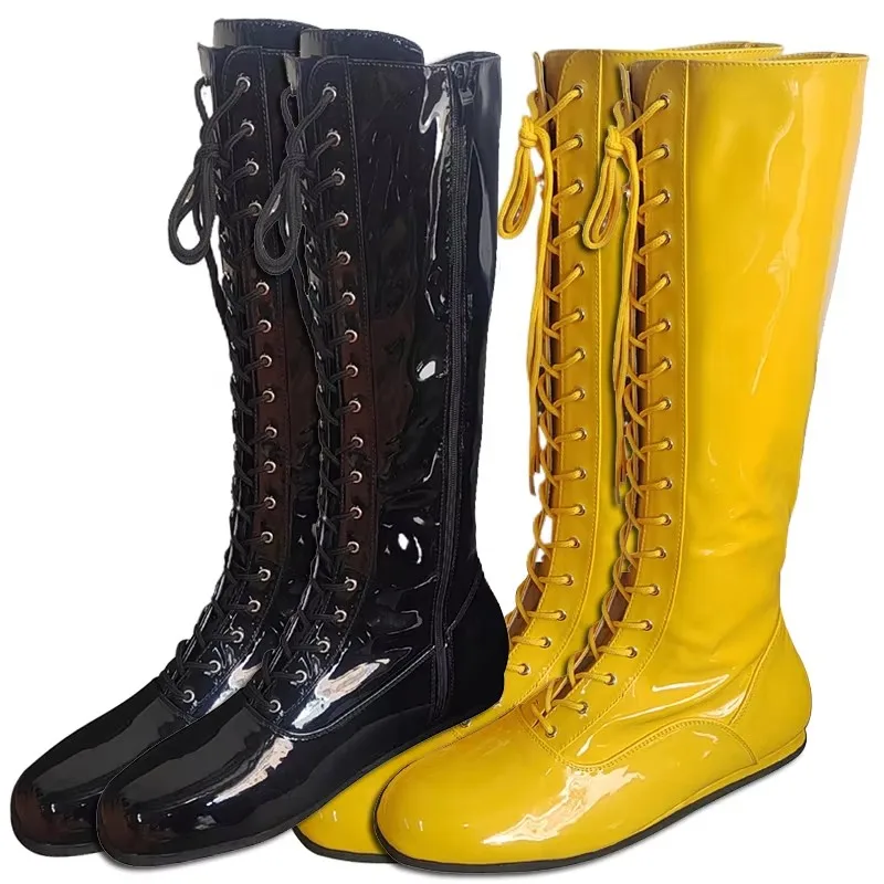 Hogan Wrestling Boots Yellow Black Pro Lace Up Costume Ring Boots Mens High Top Leather Boots Wrestling Shoes