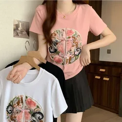 Chinese Style Geometric Crop Tops Women T-shirt Loose Short Sleeve Basic Summer Clothes Embroidery Tops Woman O-neck Cotton Tees