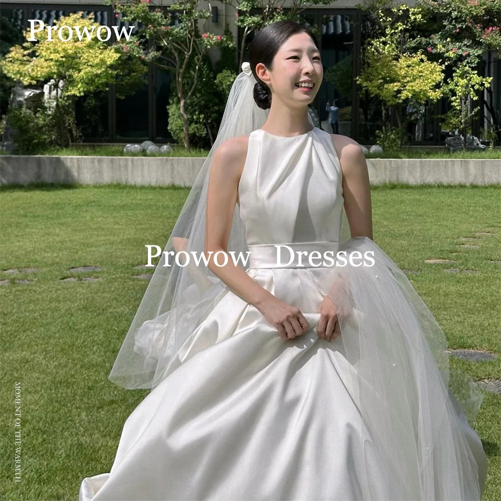 Prowow-Robe de Mariée Élégante en Satin à Plis au Dos, Vêtement à Col Rond avec lèvent Personnalisés, pour Séance Photo en Corée, 2025