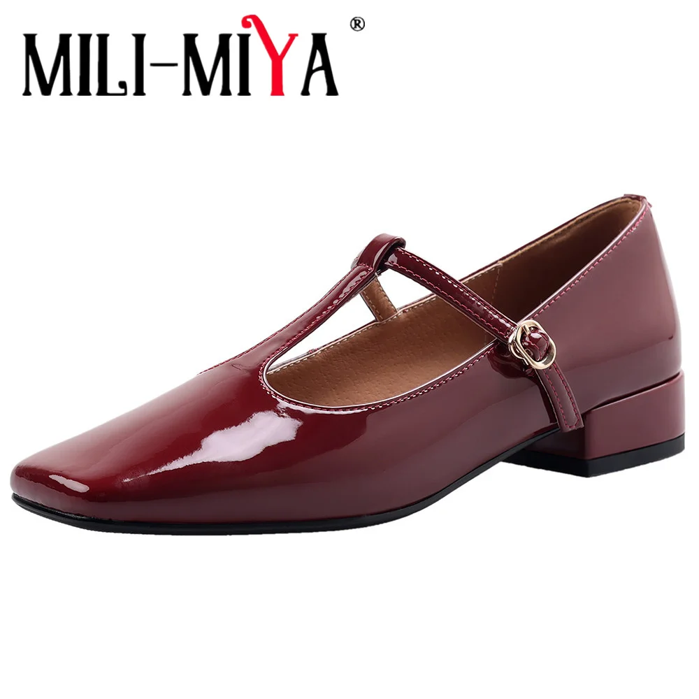 

MILI-MIYA New Arrival Women Solid Color Full Genuine Leather Pumps Square Toe Thick Heels Buckle Strap Big Size 34-40 Handmade