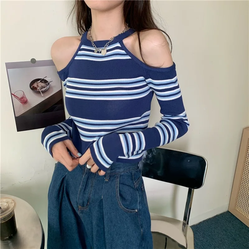 Blue Stripes Women Neck Hanging Off spalla maglione lavorato a maglia a maniche lunghe mostra figura sottile top in maglieria alla moda di alta