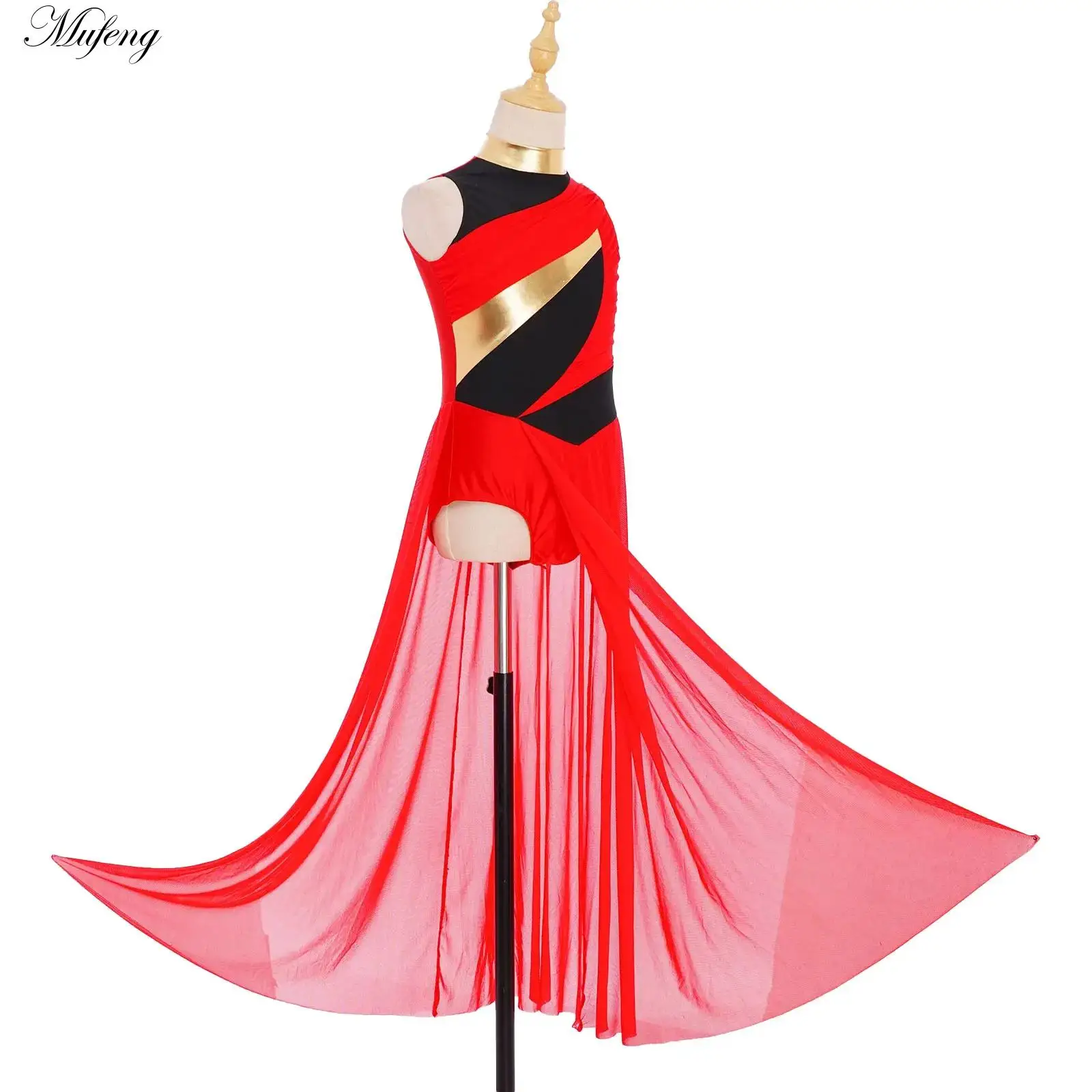 Lyrical Dance Dress Kid Girl Modern Ballet Show Costume Sleeveless Color Block Bodysuit Patchwork Mesh Split Flowy Chiffon Skirt