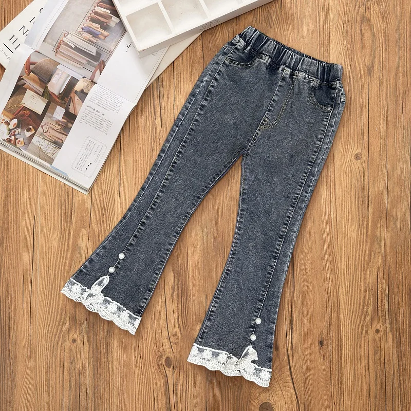 Girls\' Jeans Spring and Autumn New Casual 3-12 Year Old Children\'s Loose Flare Pants Lace Pearl Girls\' Denim Pants