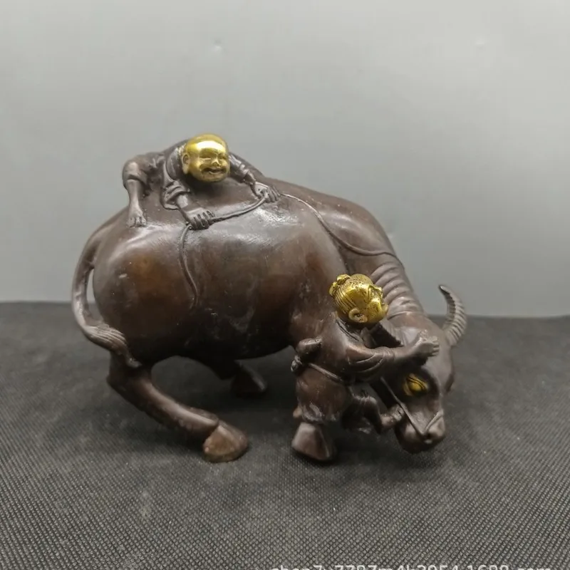 Brass Craft Figurine of a Boy Herding Cattle, Home Living Room Decorative Ornament, Retail