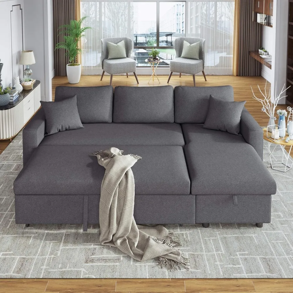 

87.4-inch L-shaped Pull Out Sofabed With 2 Toss Pillows, Modern Reversible Tufted Upholstered Sleeper Sectional Sofa