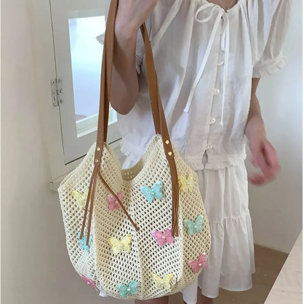 

Hollow Out Butterfly Knitting Bag Beach Handbag Bohemian Style Beach Bag Tote Bag Large Capacity Hollow Shoulder Bag Holiday