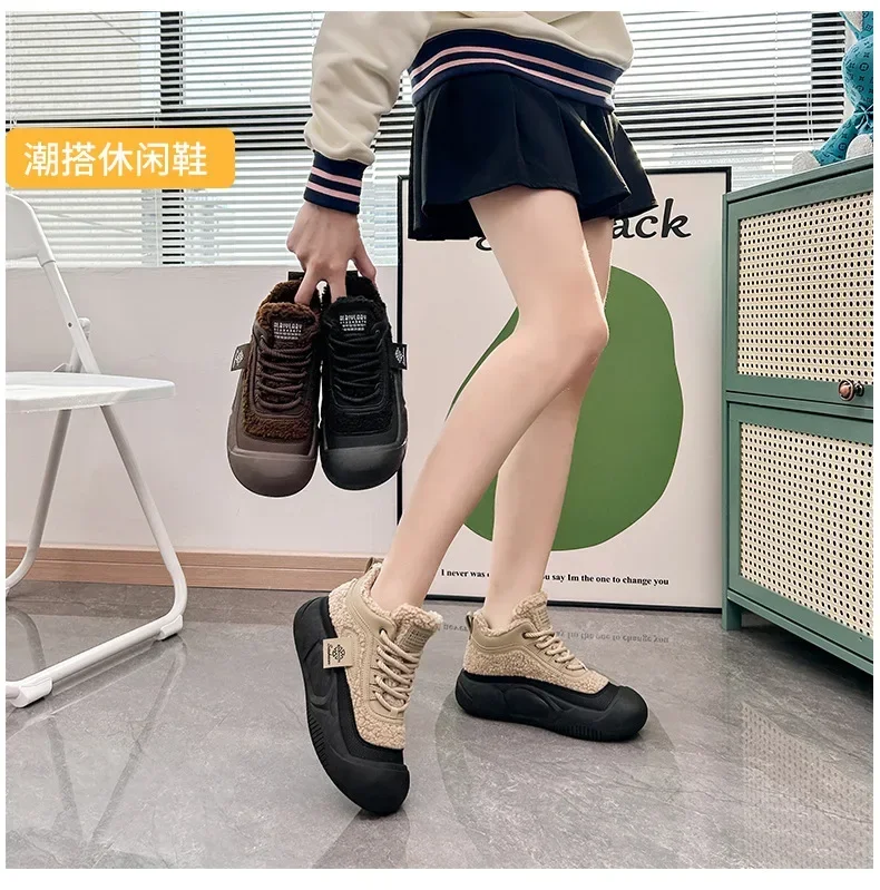 Hot Sales Women 2023 Winter New Padded High-top Shoe Students Thick Bottom Casual Sneakers 2024 Chunky Lamb\'s Wool Cotton Shoes