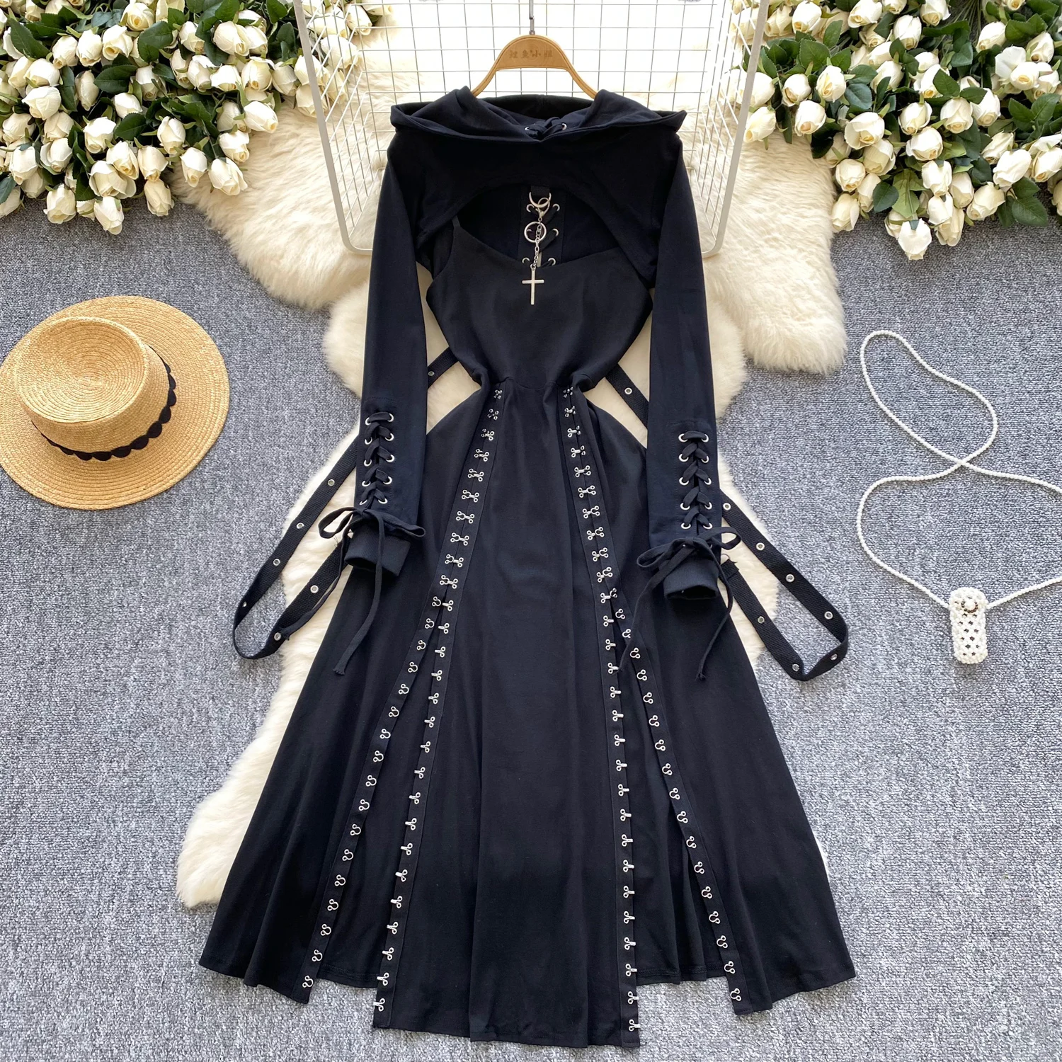 

Женский готический винтажный костюм с капюшоном в темном стиле, черный панк, праздничный комплект танцевальной певицы, пальто, платье, наряд для вечеринки в ночном клубе, вечерние комплекты