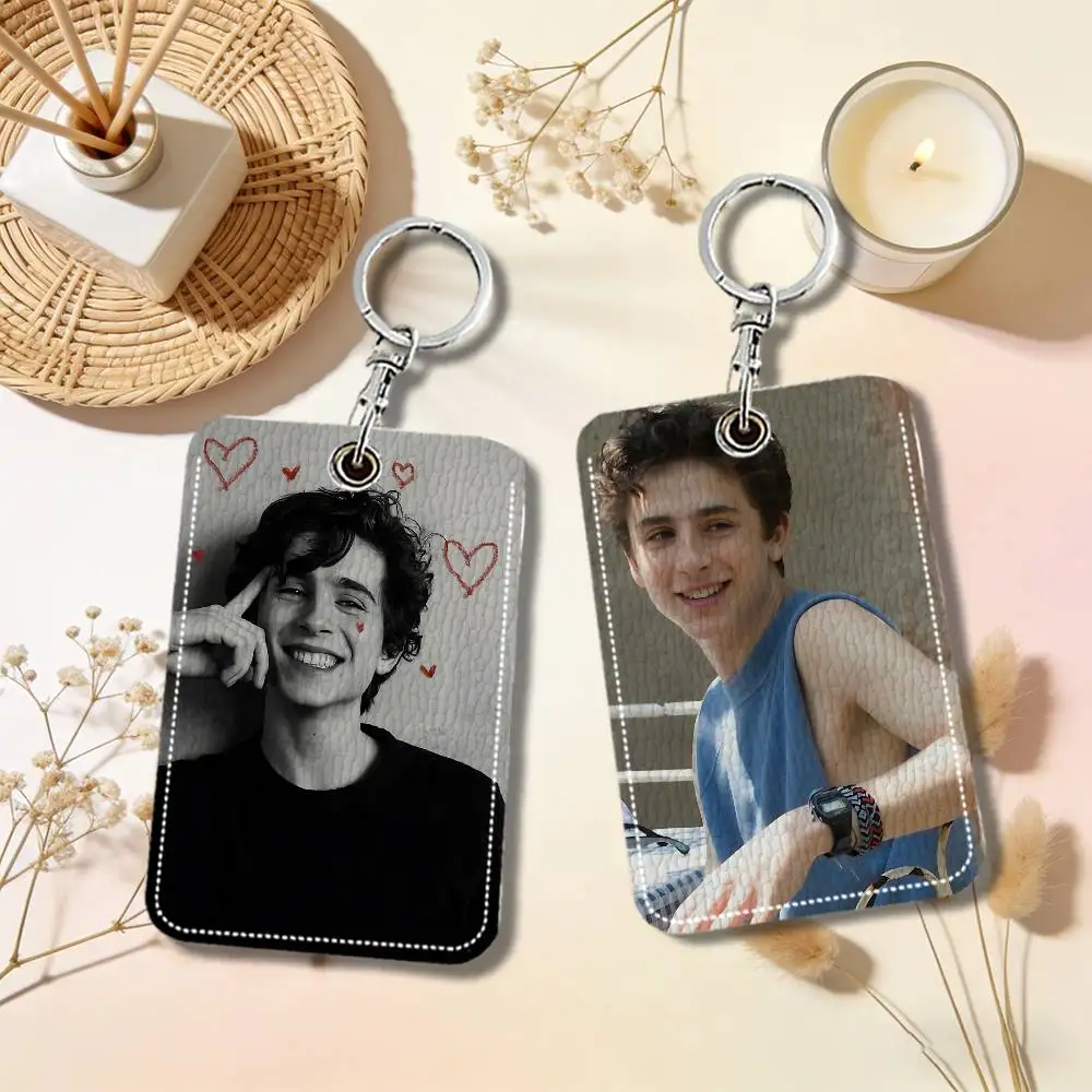 Famous T-Timothee C-Chalamet Card Holder Leather Card Storage Box Key Chain Access Tag Holder ID Card Holder Key Chain