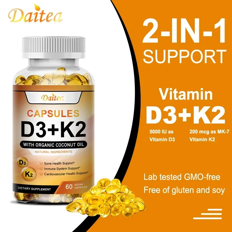 2-in-1 Vitamin D3K2 Capsules 5000iu Vitamin D3 200mcg K2 for Teeth Bones Heart Health Joint Health Immunity Organic Coconut Oil