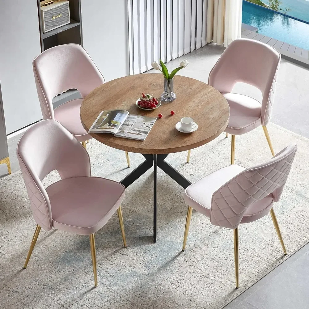 Round Table Set for 4, Engineering Wood Table with Thick Tabletop, Luxury Home Kitchen Dining Chair， Backrest Upholstered Velvet