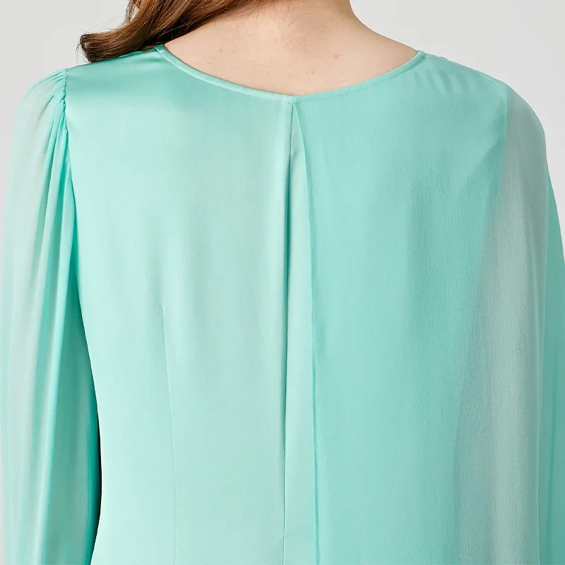 VOA 100% الحرير الخالص على الوجهين الساتان الزمرد س الرقبة المرقعة جورجيت كم طويل تصميم غير متماثل فستان الحفلات الربيع AE1926