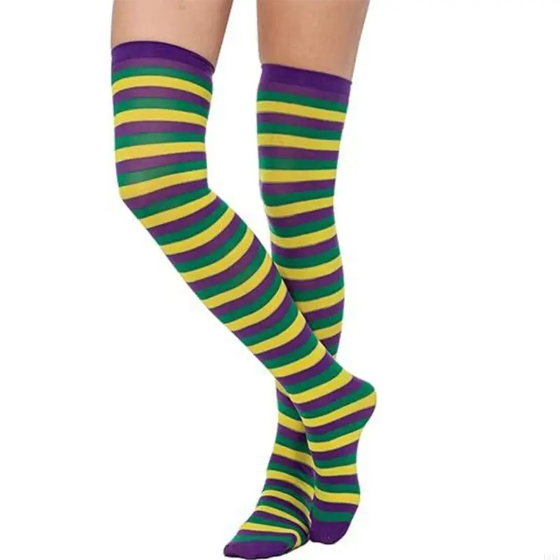 L5YC Women Striped Print Over Knee Long Socks Thigh High Stockings for Mardi Gras Carnival Party Cosplay Costume Accessories