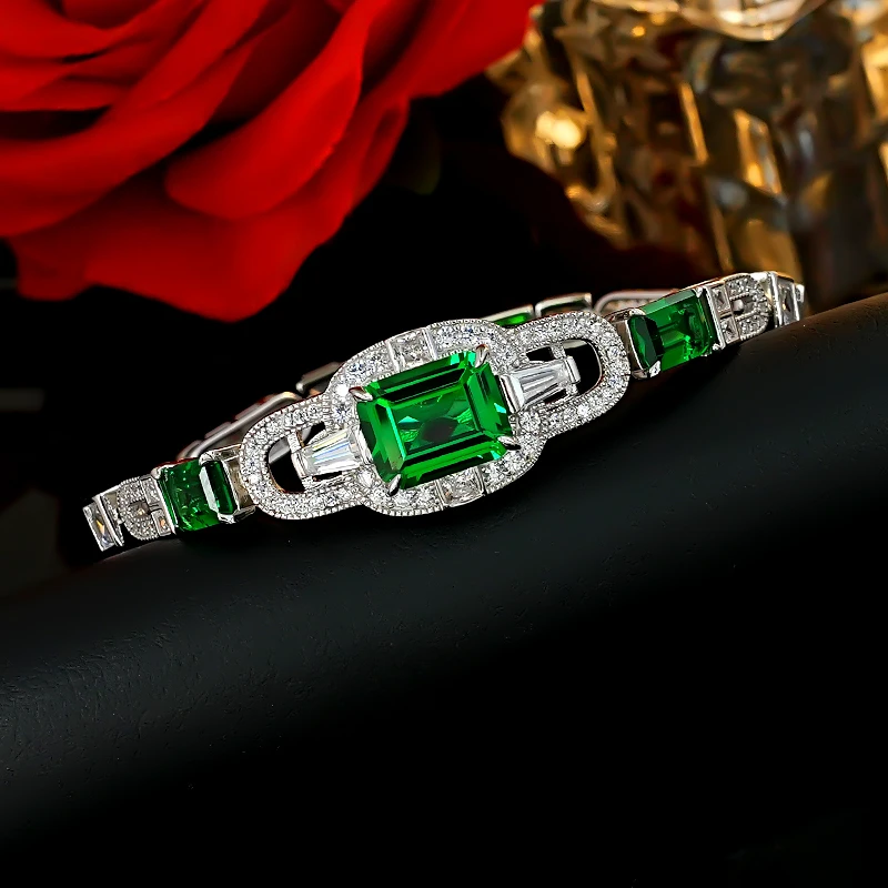 

European and American style emerald 925 silver temperament tourmaline bracelet inlaid with high carbon diamond for niche women