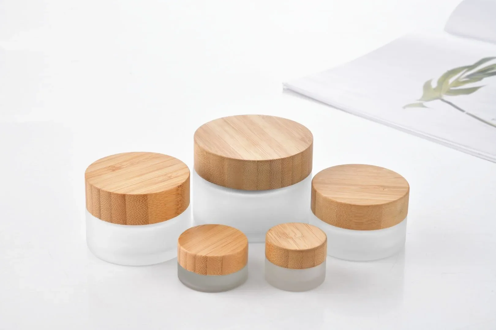 로션 용기 대나무 화장품 크림 항아리 대나무 나무 뚜껑이 달린 화장품 투명 유리 항아리, 대나무 뚜껑 페이스 크림 서리 유리 항아리