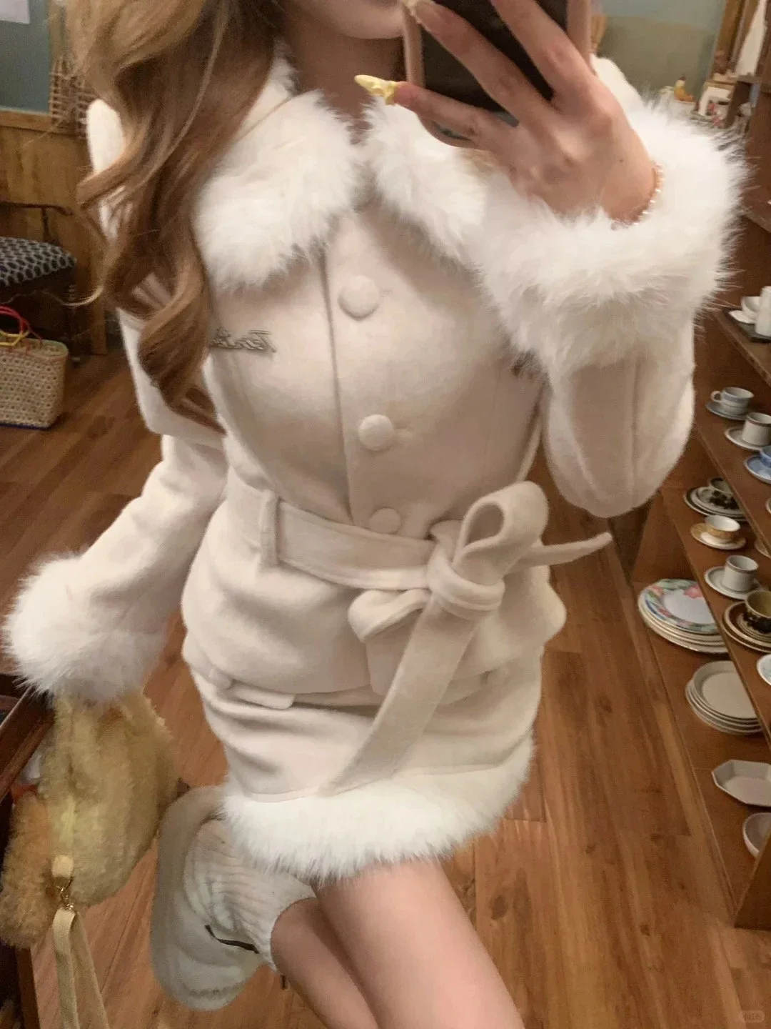 Korean Elegant Princess 2 Piece Set Women Faux Fur Collar Bow Belt Slim Fit Wool Coat High Waist Bodycon Mini Skirt Winter Warm view 5