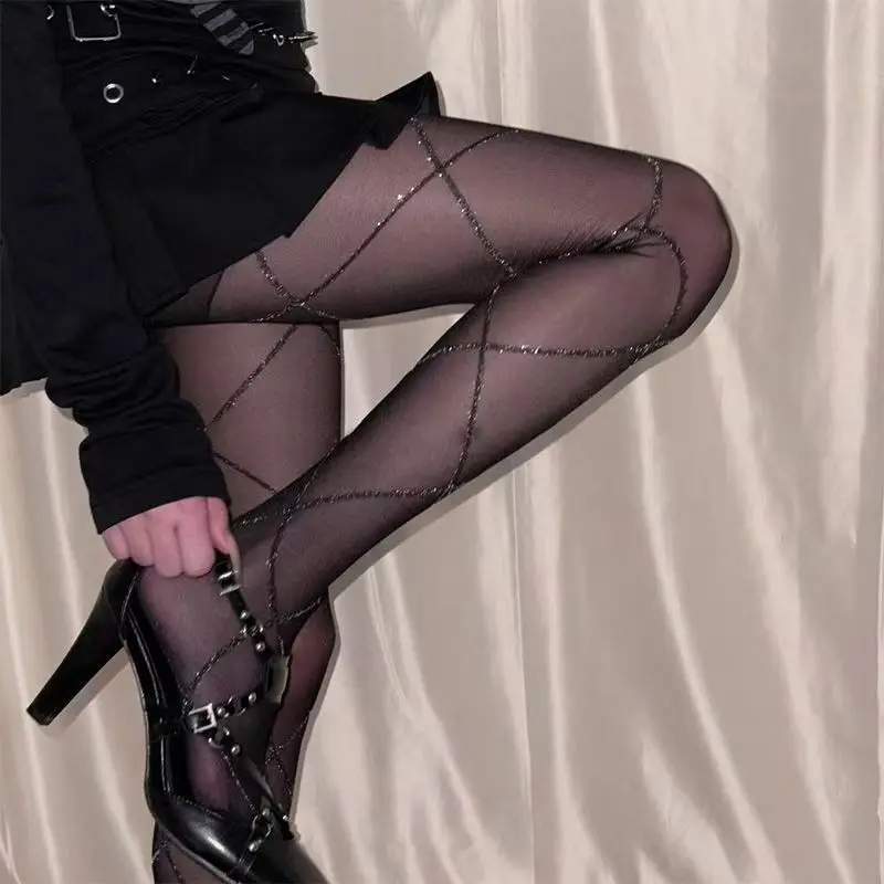 Retro Elegant Silver Glitter Grid Pantyhose for Women Slim Body Shaping Tights Sparkle Mesh Hosiery Fashion Party Stockings