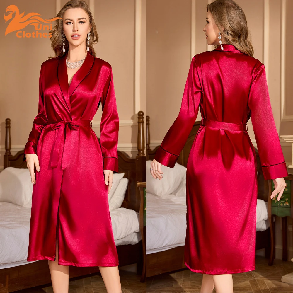 

UNI 2025 Sexy Pajamas for Women Nightgown Ice Silk Night Robe Adult Long Sleeve V Neck Robe With Belt Women Sleepwear Homewear