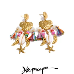 Yhpup Exquisite Metal Heart Seashell Starfish Tassel Dangle Handmade Earrings Gold Color Stainless Steel Arrivals Jewelry Gift