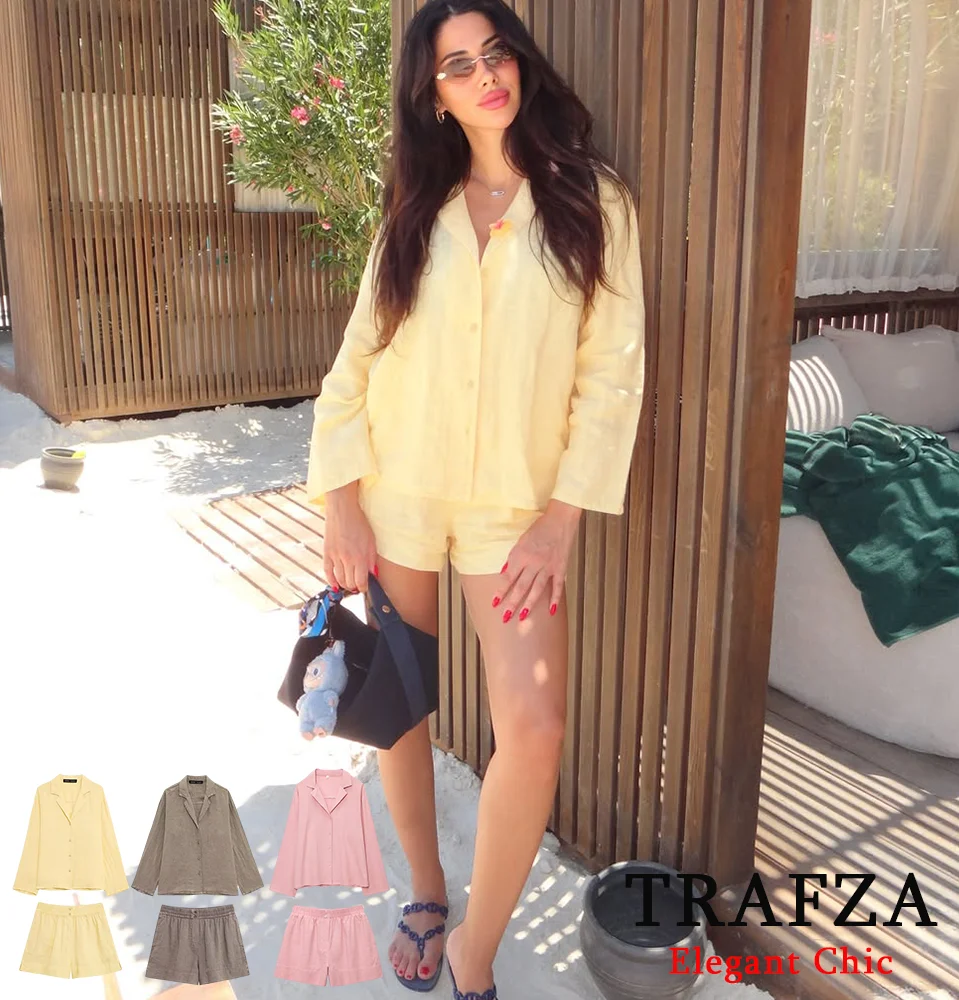 

TRAFZA-Women Butter Yellow Shirt Long-Sleeved V-Neck Shirt Or Mid-Waist Shorts Set New 2025 Summer Fashion Homeswear Holiday Set