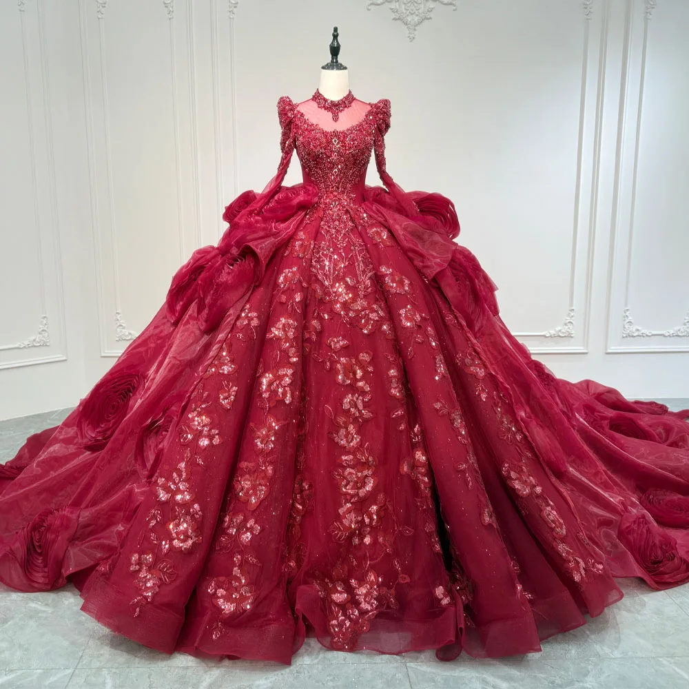 

Red Turtle Customizable Evening Dress with Long Sleeves Lace-Up Keyhole Back Crystal Beading Sequined 3D Flowers Luxury 2026