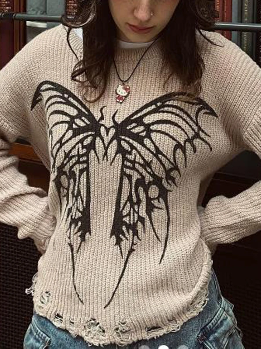 Women Knit Sweater Long Sleeve Crew Neck Butterfly Pullover Warm Sweater for Fall Winter