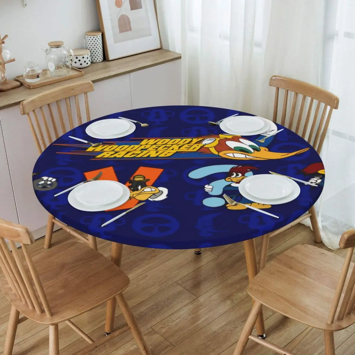 Round Fitted Disney Cartoon Woody Woodpecker Animation Table Cloth Oilproof Tablecloth Table Cover Backed with Elastic Edge