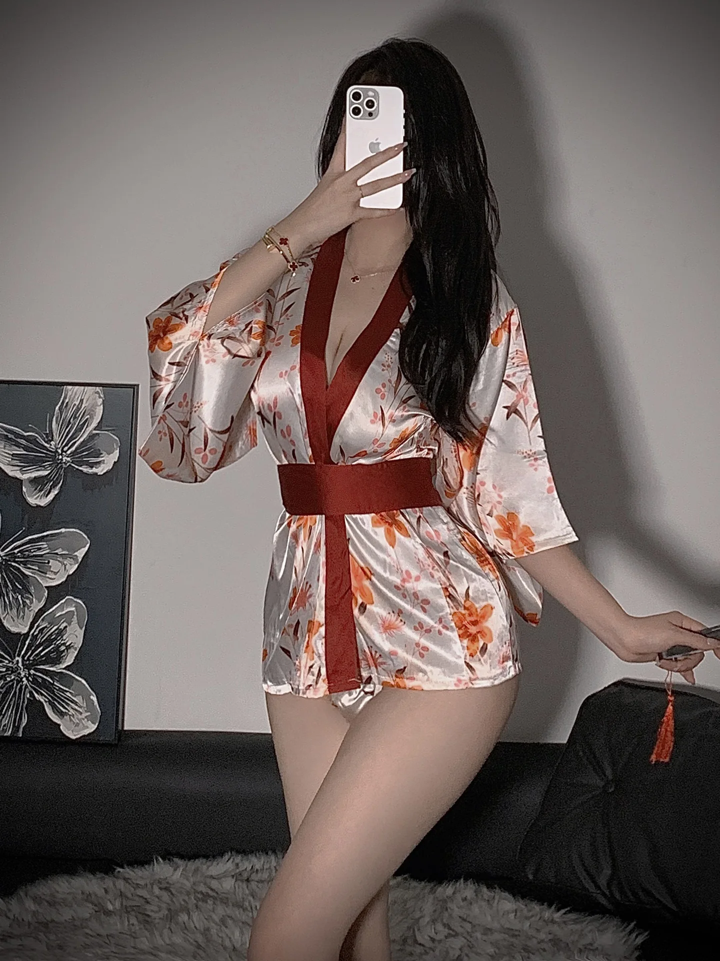 

Sexy Print Ultra Short Cardigan Kimono Tie Half Sleeve Belt Wrap Buttocks Dress Japanese Style Fashion V-neck Sweet Clothing P65