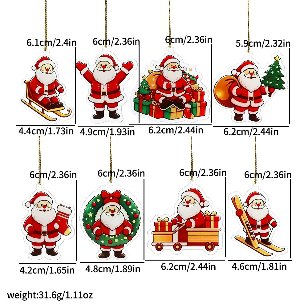 8Pcs/Set Christmas Tree Decoration 2D Flat Cartoon Santa Claus Gingerbread Man Acrylic Hanging Ornament for Holiday Car Pendant