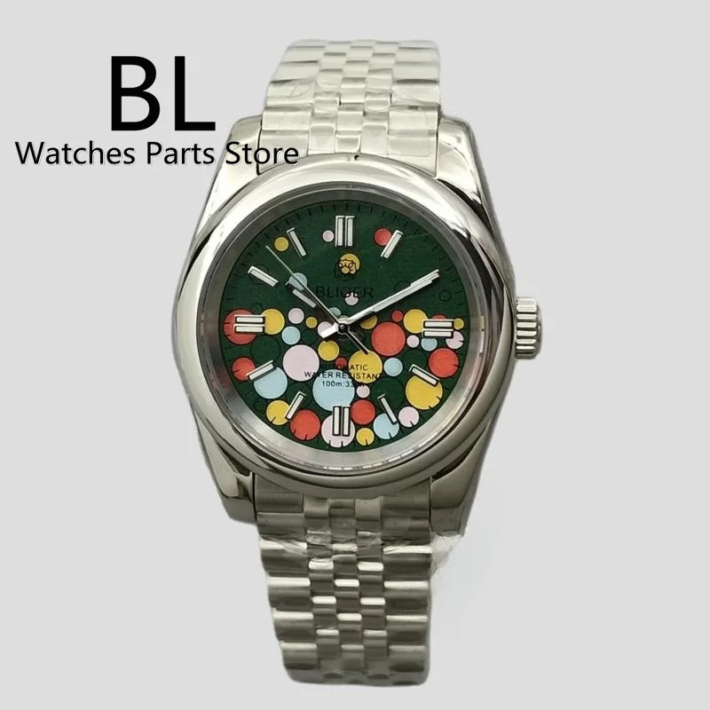 BLIGER Men\'s Watch 36mm/39mm NH35 Miyota PT5000 Movement Sapphire Glass Green Pink BlueDial Geen Luminous Jubilee Steel Strap