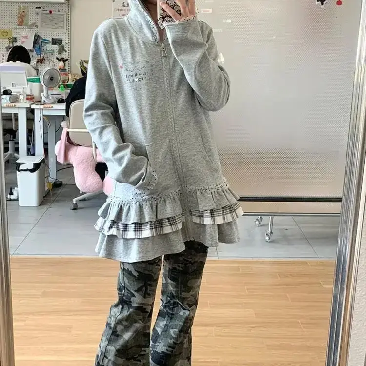 Gray Sweatshirt Cardigan Lace Stitching Plaid Cake Skirt Design Hooded Jacket Women New Autumn Trend