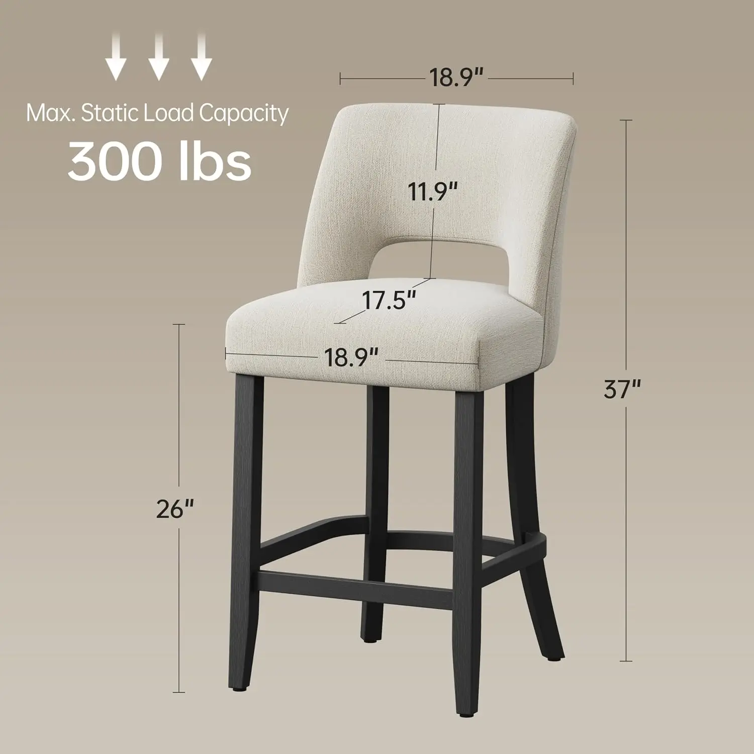 26'' Counter Height Bar Stools Set of 2 with Black Rubberwood Legs